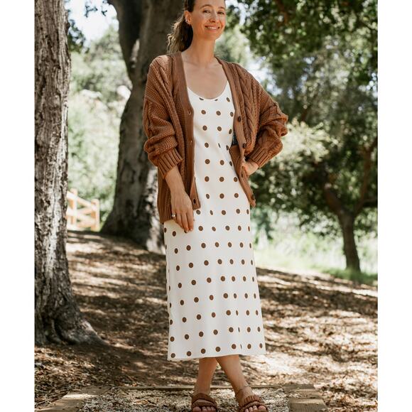 Jenni Kayne Slip Dress Caramel Dot Midi Sz 10 Cream Classic Timeless Feminine - Picture 2 of 15